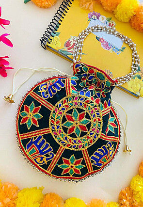Embroidered Art Silk Potli in Black