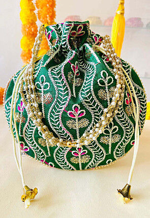 Embroidered Art Silk Potli in Dark Green