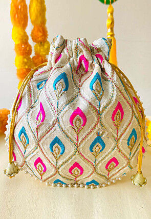 Embroidered Art Silk Potli in Off White