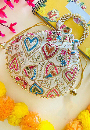 Embroidered Art Silk Potli in Off White