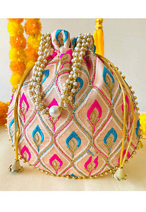 Embroidered Art Silk Potli in Peach
