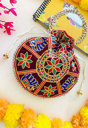 Embroidered Art Silk Potli in Wine