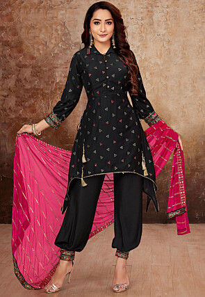 Embroidered Art Silk Punjabi Suit in Black