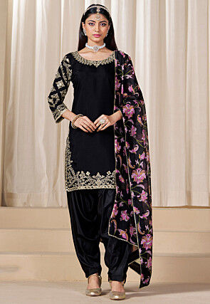 Embroidered Art Silk Punjabi Suit in Black