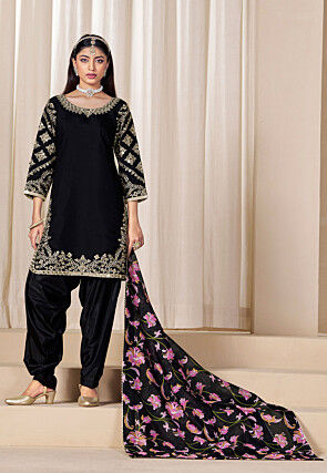 Embroidered Art Silk Punjabi Suit in Black
