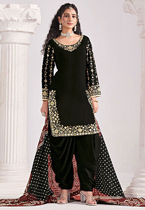 Embroidered Art Silk Punjabi Suit in Black
