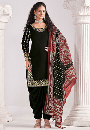 Embroidered Art Silk Punjabi Suit in Black