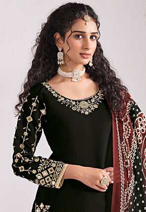 Embroidered Art Silk Punjabi Suit in Black