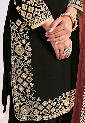 Embroidered Art Silk Punjabi Suit in Black