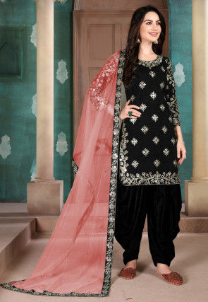 Embroidered Art Silk Punjabi Suit in Black