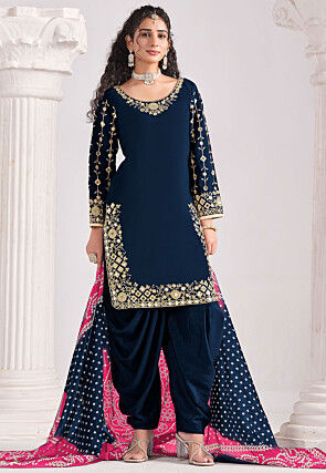Embroidered Art Silk Punjabi Suit in Dark Teal Blue