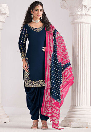 Embroidered Art Silk Punjabi Suit in Dark Teal Blue