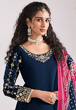 Embroidered Art Silk Punjabi Suit in Dark Teal Blue