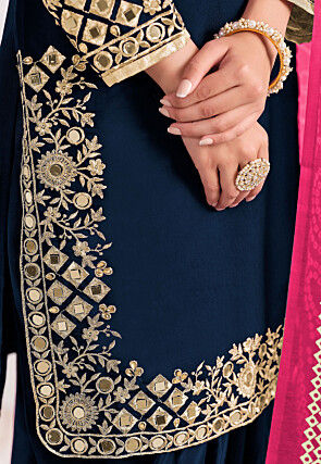 Embroidered Art Silk Punjabi Suit in Dark Teal Blue