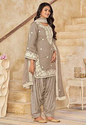 Embroidered Art Silk Punjabi Suit in Fawn
