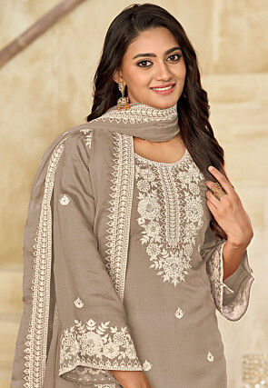 Embroidered Art Silk Punjabi Suit in Fawn