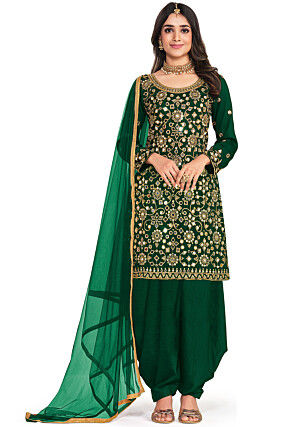 Embroidered Art Silk Punjabi Suit in Green
