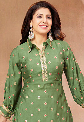 Embroidered Art Silk Punjabi Suit in Light Green