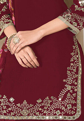Embroidered Art Silk Punjabi Suit in Maroon