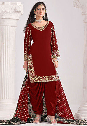 Embroidered Art Silk Punjabi Suit in Maroon