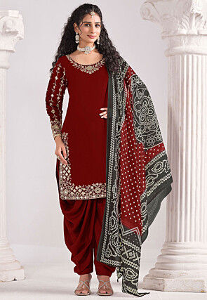 Embroidered Art Silk Punjabi Suit in Maroon