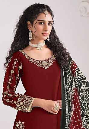 Embroidered Art Silk Punjabi Suit in Maroon