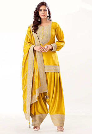 Embroidered Art Silk Punjabi Suit in Mustard