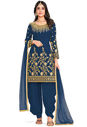 Embroidered Art Silk Punjabi Suit in Navy Blue