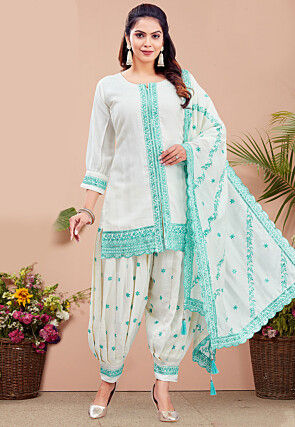 Embroidered Art Silk Punjabi Suit in Off White