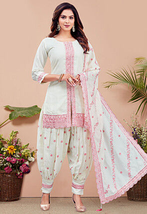 Embroidered Art Silk Punjabi Suit in Off White