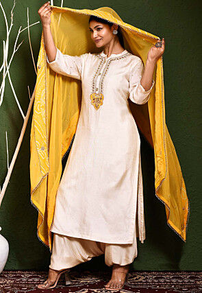 Embroidered Art Silk Punjabi Suit in Off White