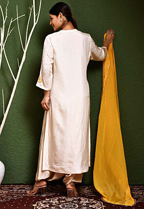 Embroidered Art Silk Punjabi Suit in Off White