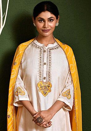 Embroidered Art Silk Punjabi Suit in Off White