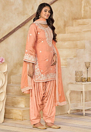 Embroidered Art Silk Punjabi Suit in Peach