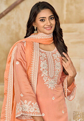 Embroidered Art Silk Punjabi Suit in Peach