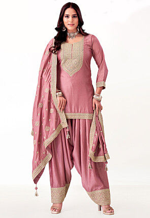 Embroidered Art Silk Punjabi Suit in Pink