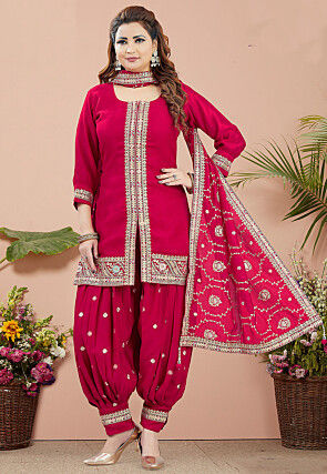 Embroidered Art Silk Punjabi suit in Pink
