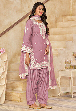 Embroidered Art Silk Punjabi Suit in Pink