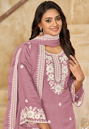 Embroidered Art Silk Punjabi Suit in Pink
