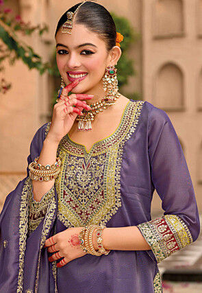 Embroidered Art Silk Punjabi Suit in Purple