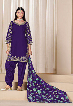 Embroidered Art Silk Punjabi Suit in Purple