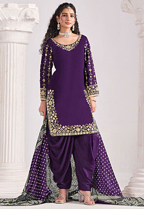 Embroidered Art Silk Punjabi Suit in Purple