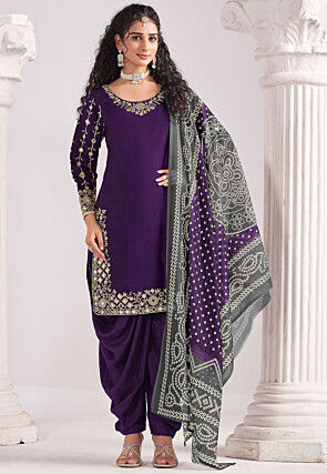 Embroidered Art Silk Punjabi Suit in Purple
