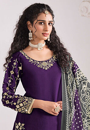 Embroidered Art Silk Punjabi Suit in Purple