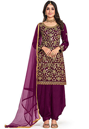 Embroidered Art Silk Punjabi Suit in Purple