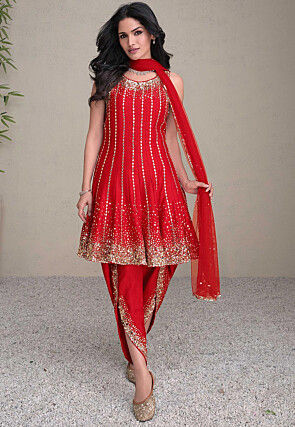 Embroidered Art Silk Punjabi Suit in Red