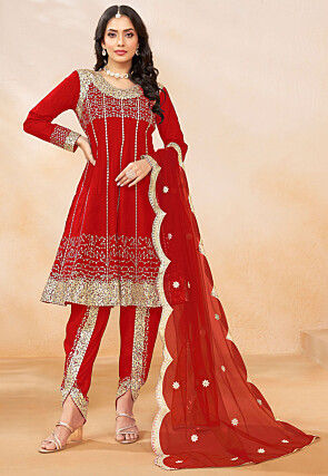 Embroidered Art Silk Punjabi Suit in Red