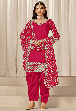 Embroidered Art Silk Punjabi Suit in Red