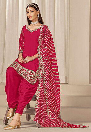 Embroidered Art Silk Punjabi Suit in Red
