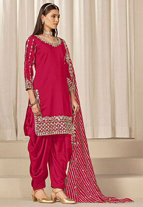 Embroidered Art Silk Punjabi Suit in Red